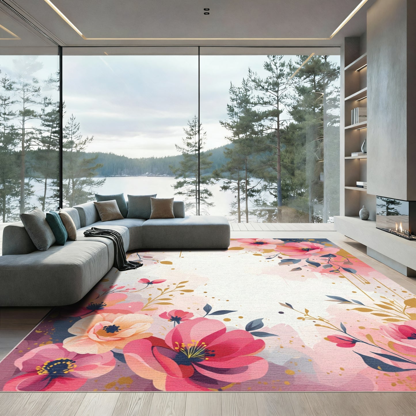 Watercolor Floral Splatter Pink Gold Rug