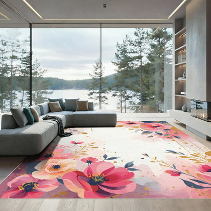 Watercolor Floral Splatter Pink Gold Rug