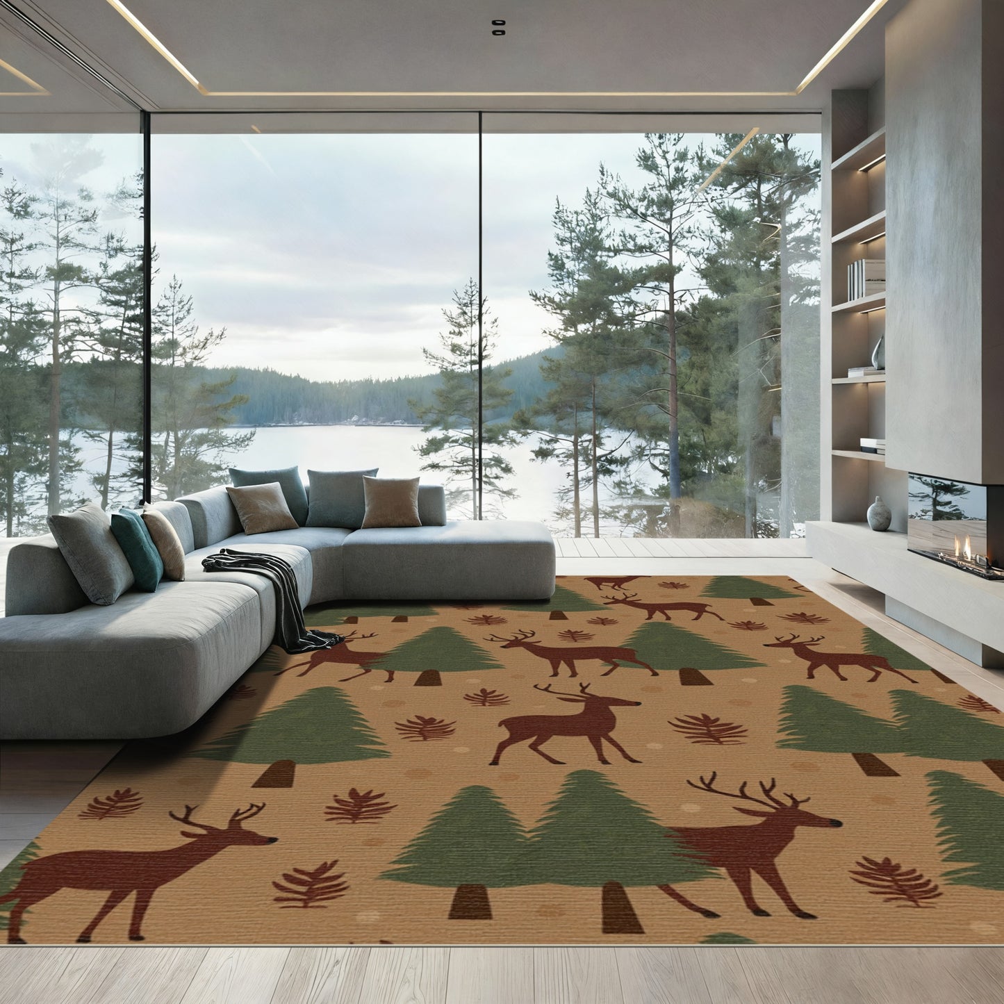 Brown Deer Pine Forest Seamless Pattern Rug
