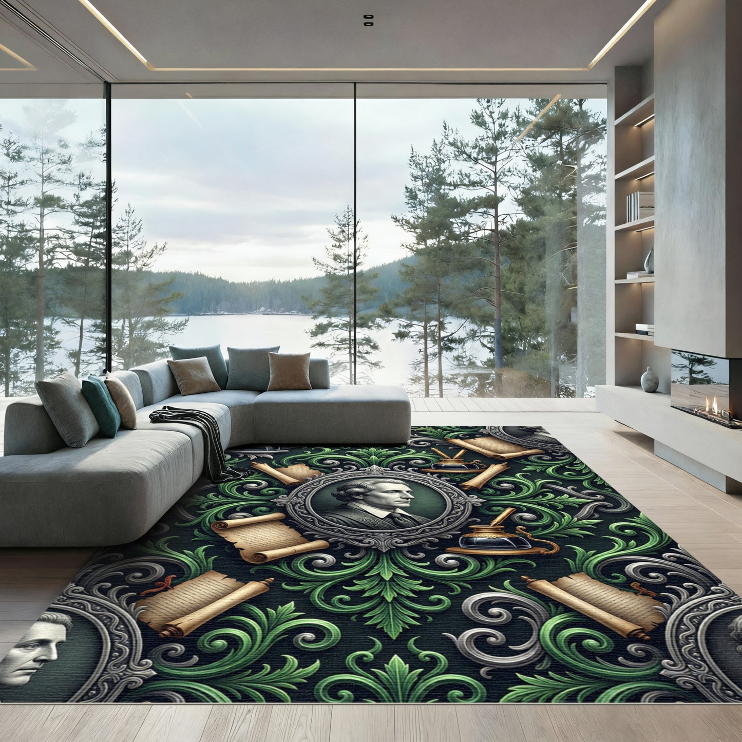 Historical Portrait Scroll Filigree Emerald Rug