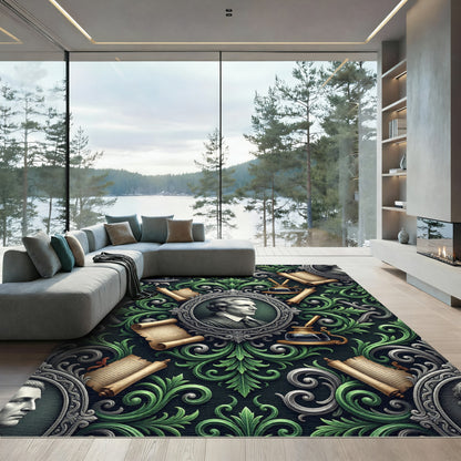 Historical Portrait Scroll Filigree Emerald Rug