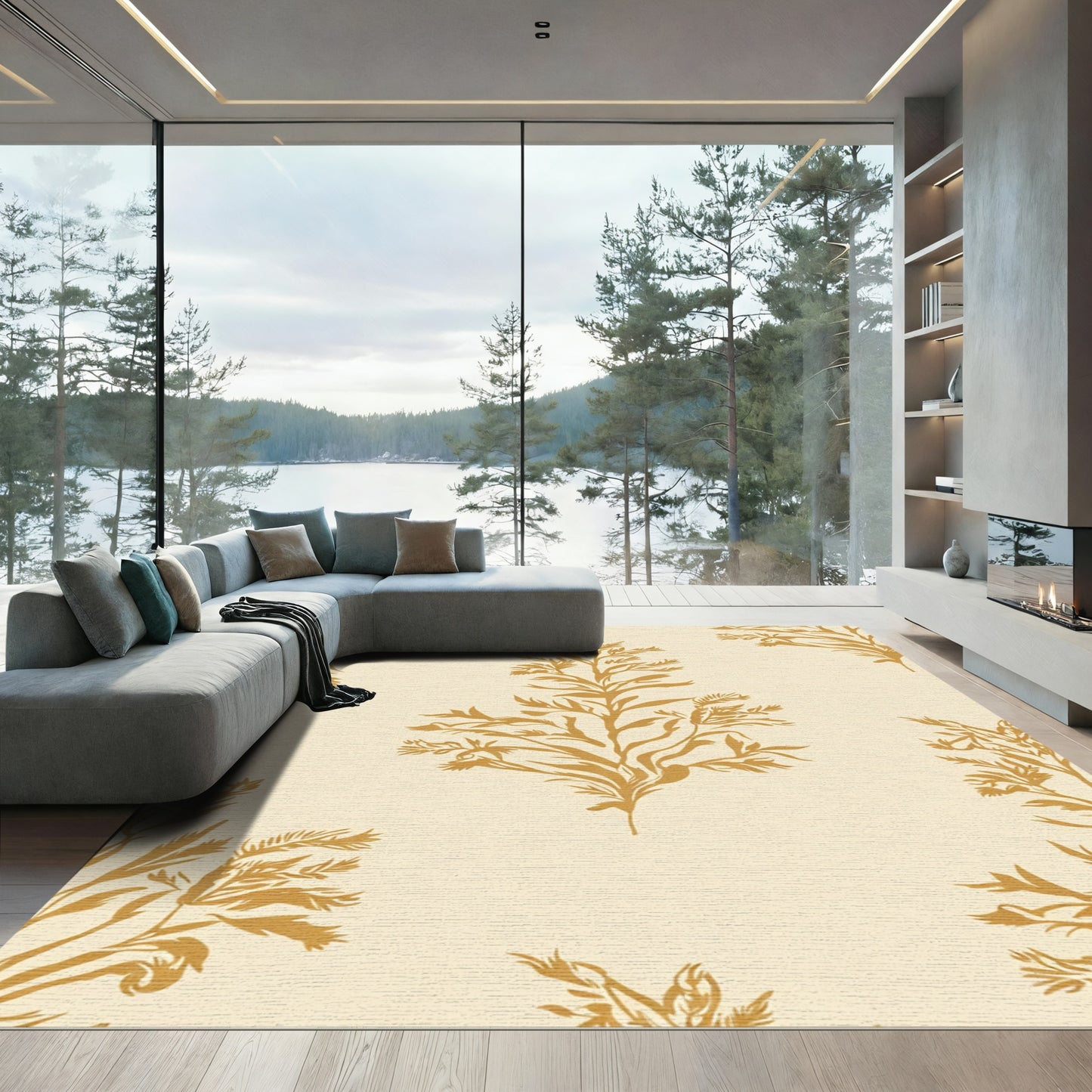 Golden Botanical Branch Fern Rug