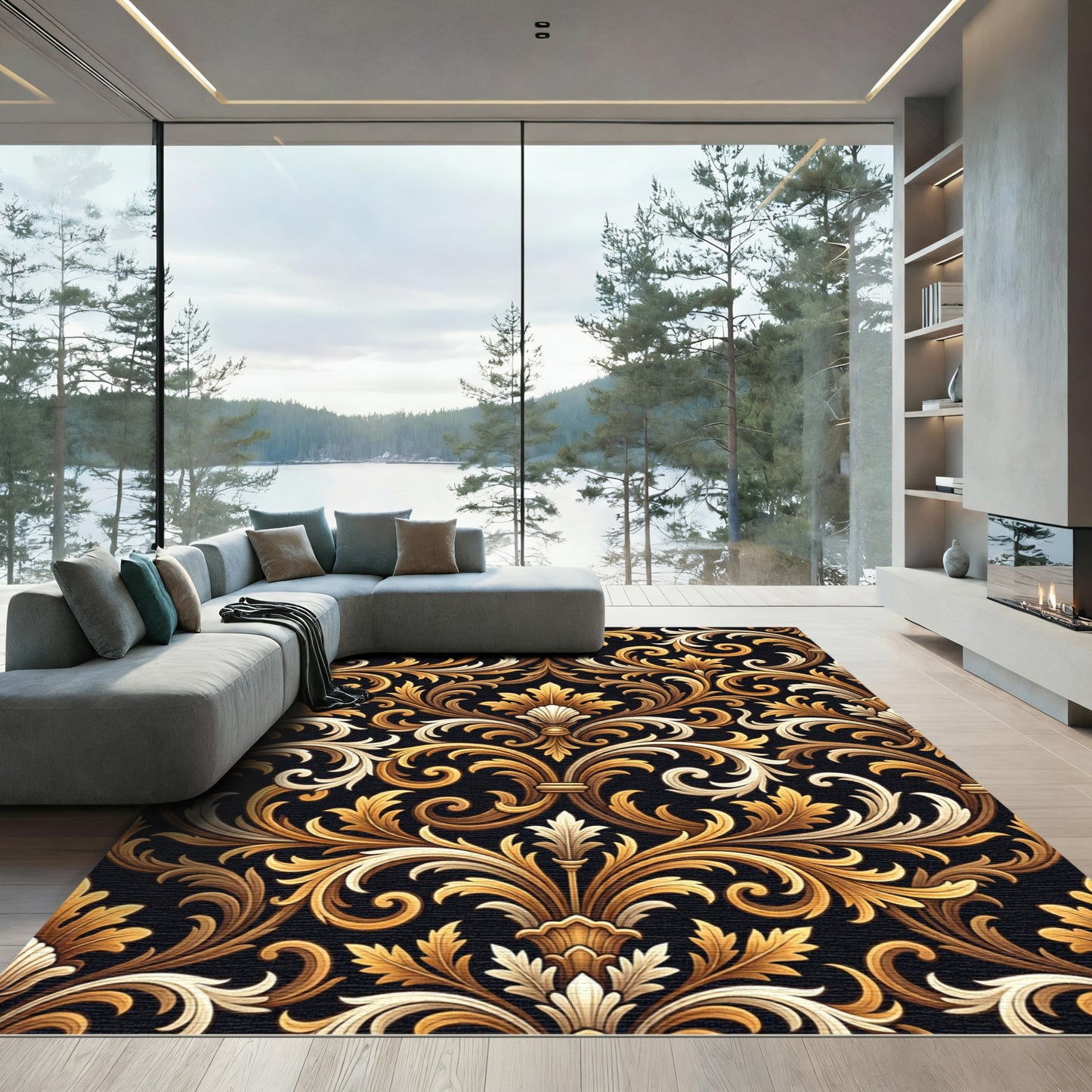 Opulent Gold Scrollwork Black Background Rug