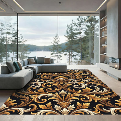 Opulent Gold Scrollwork Black Background Rug