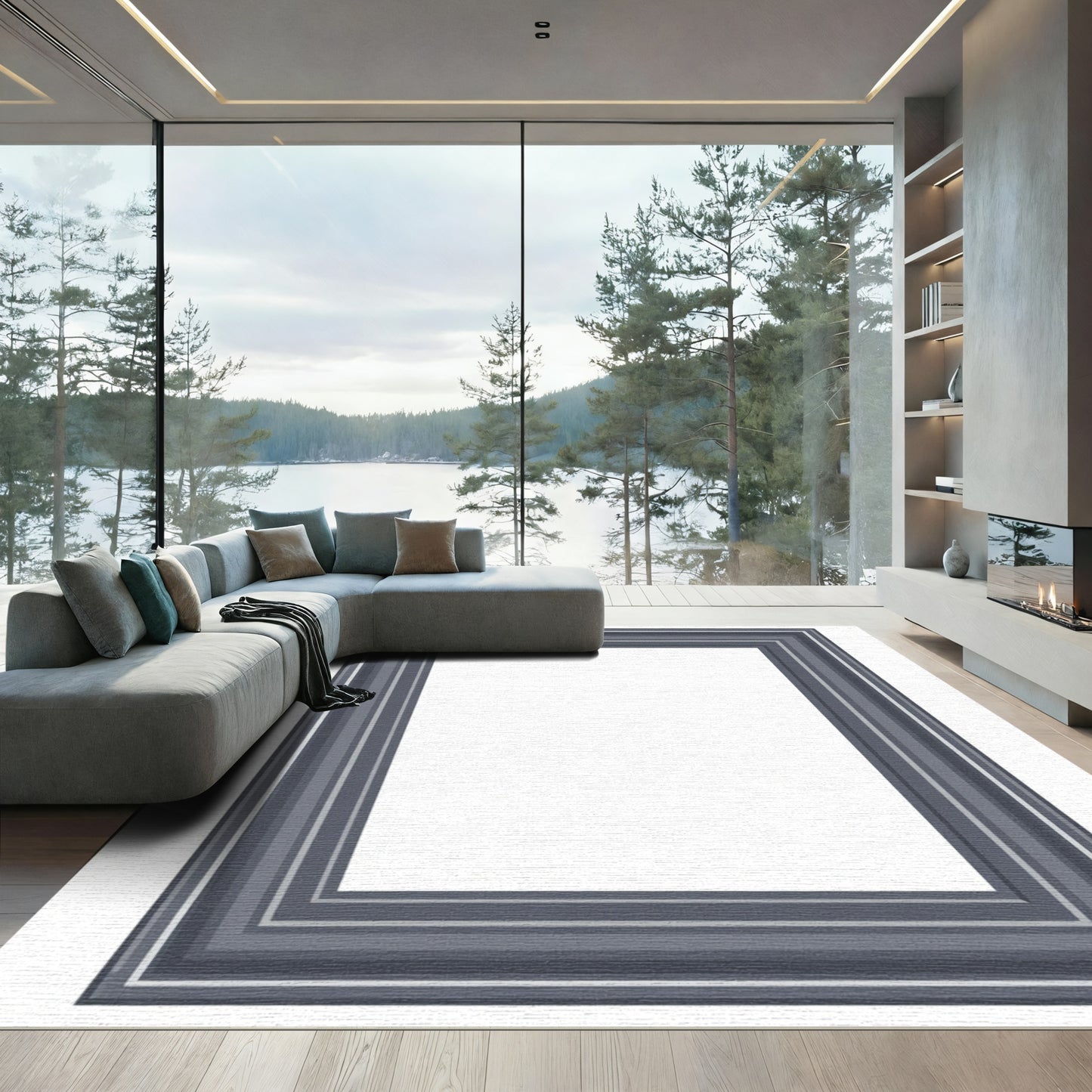 Dark Gray Multi Stripe Border Accent Rug