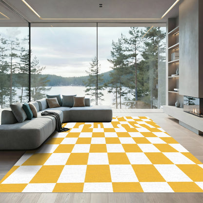 Distorted Yellow White Checkered Composition Rug