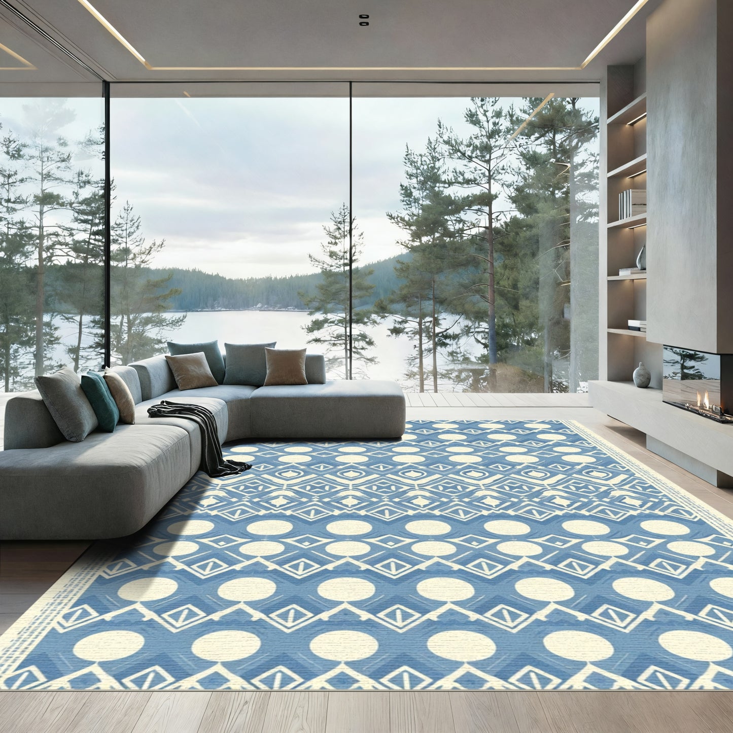 Blue Cream Geometric Medallion Arrangement Rug