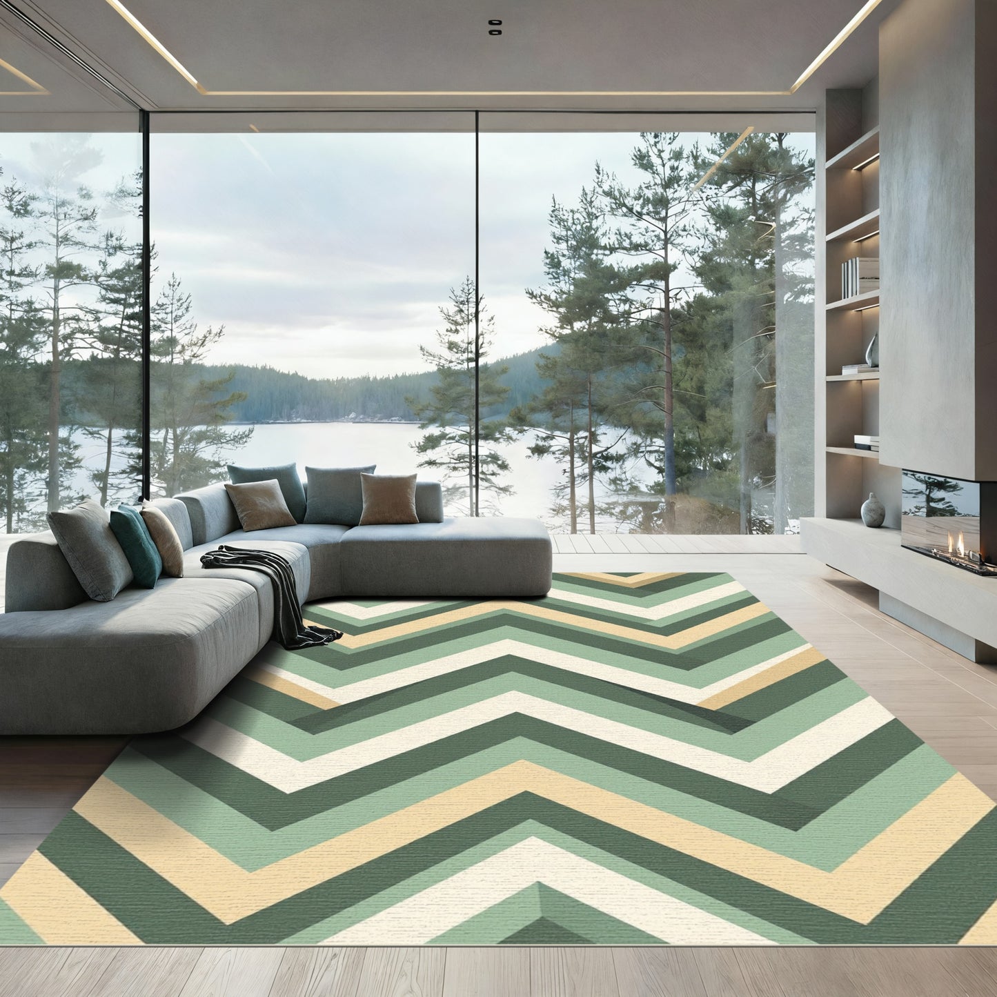 Modern Olive Beige Chevron Stripe Rug