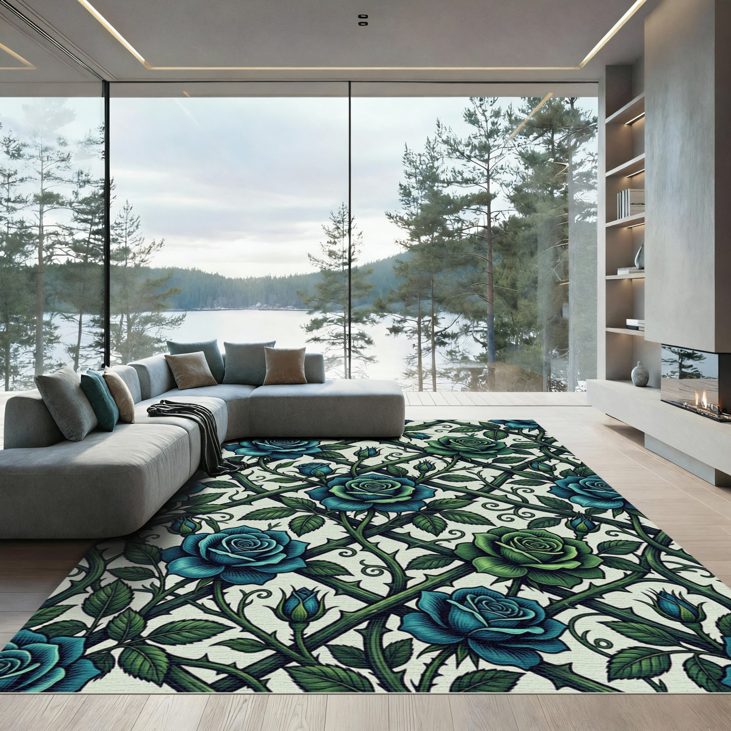 Lattice Deep Blue Rose Garden Rug