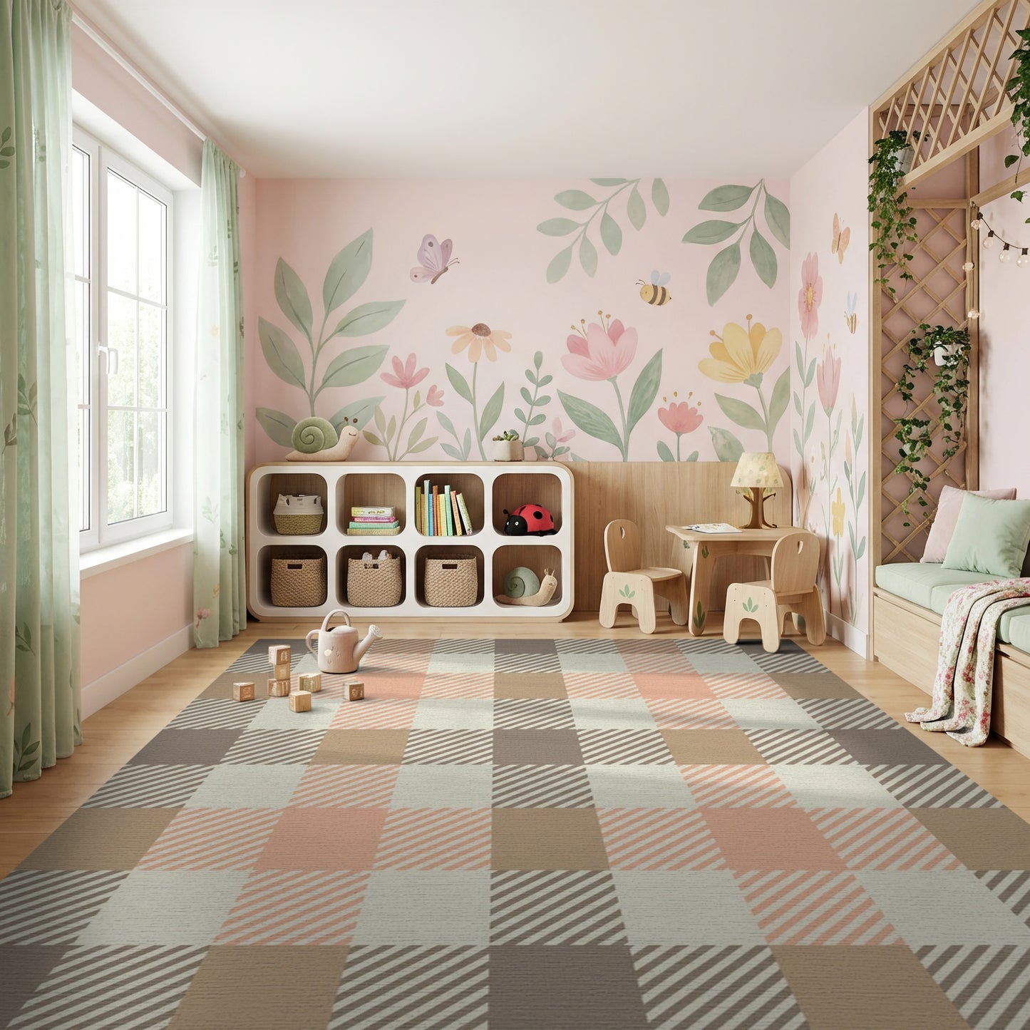 Warm Plaid Peach Brown Cream Rug