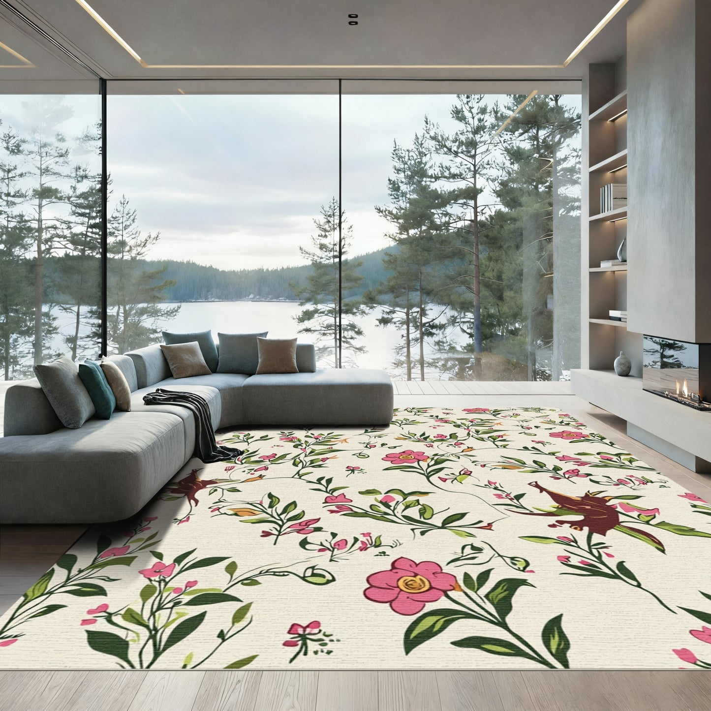 Whimsical Pink Floral Avian Garden Rug