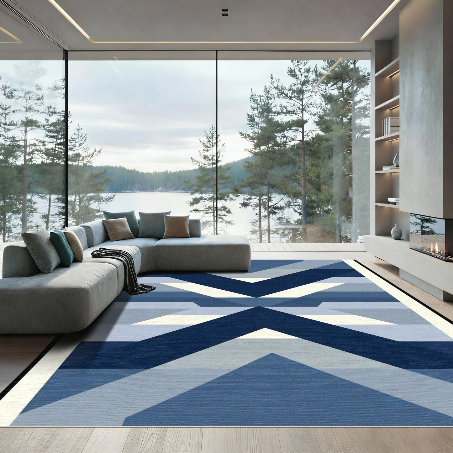 Geometric Blue Chevron Array Rug