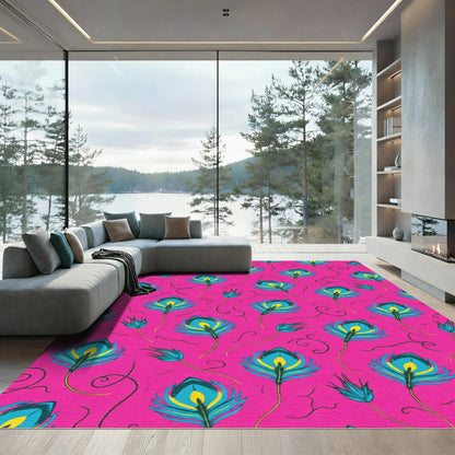 Vibrant Teal Yellow Peacock Feather Rug