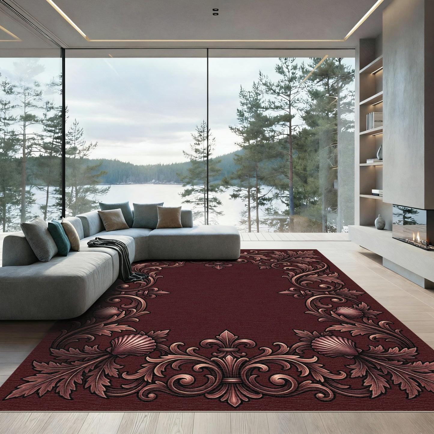 Ornate Floral Shell Flourish Frame Rug