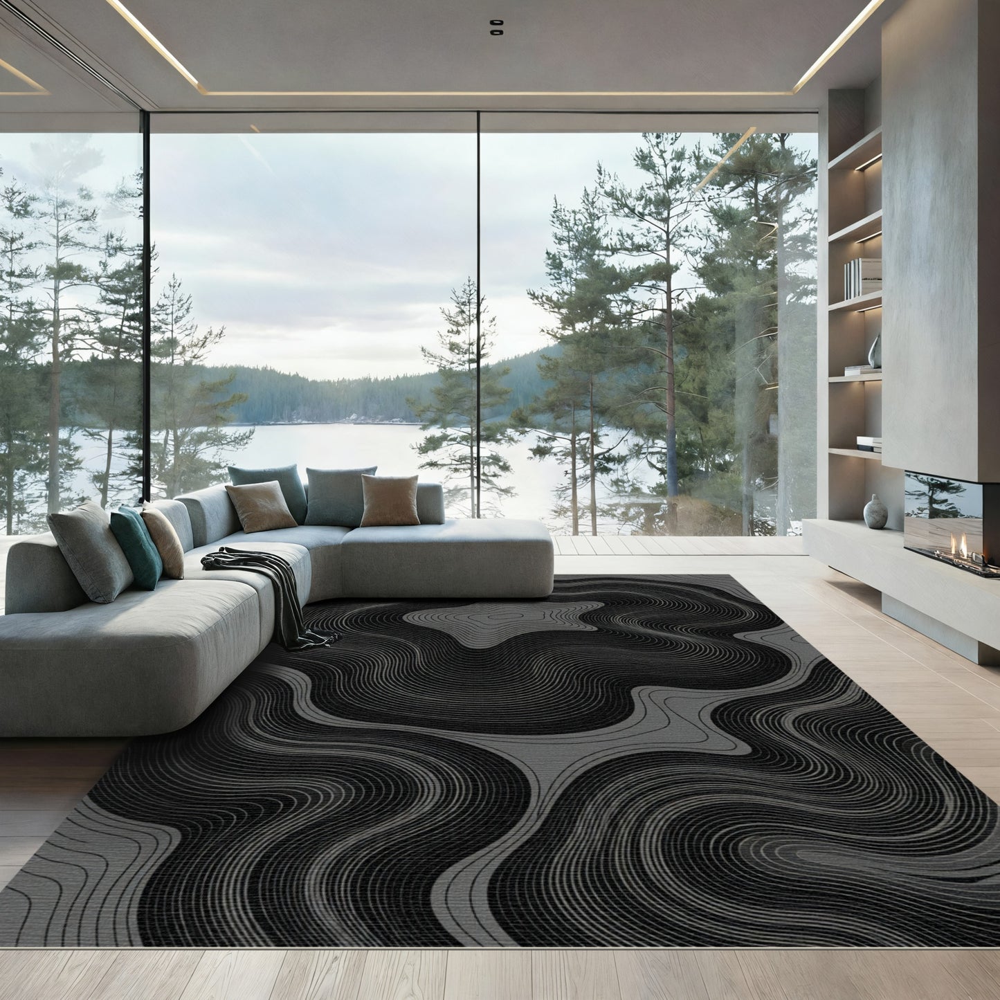 Dark Grey Wavy Contour Lines Abstract Rug