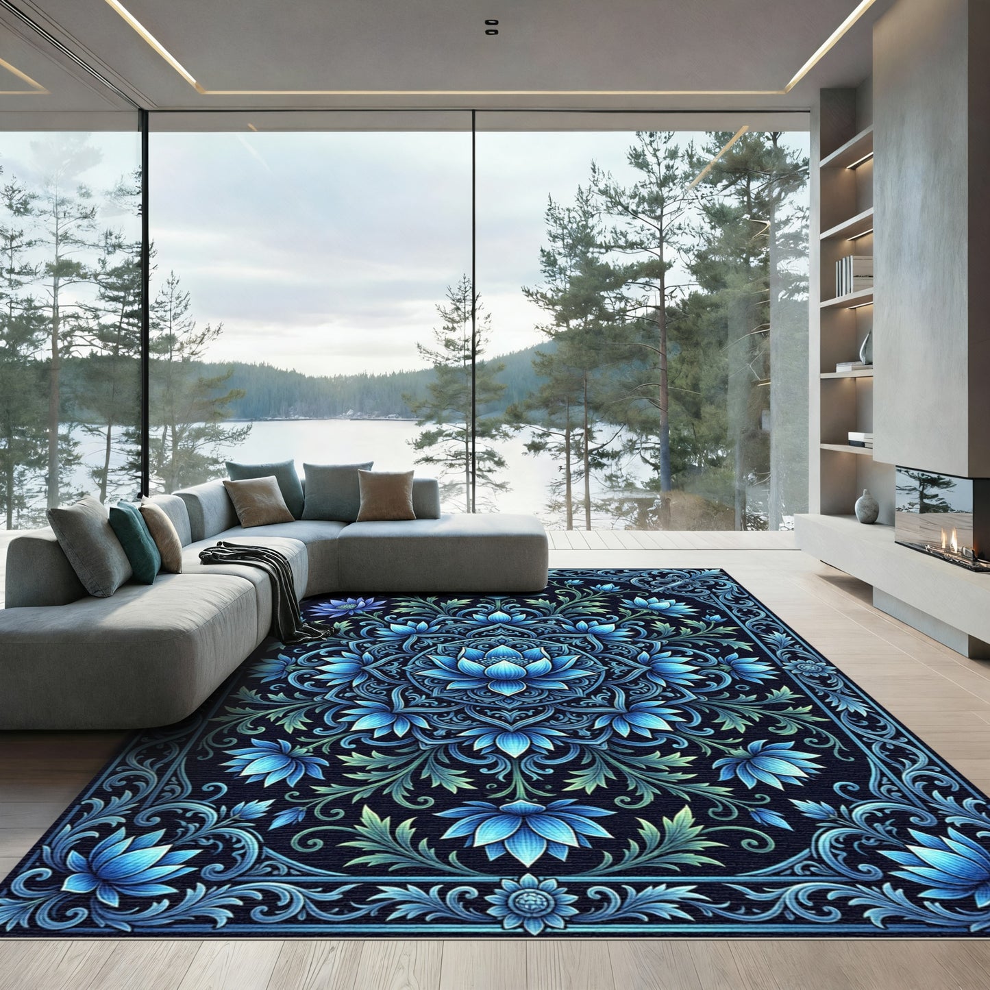 Midnight Blue Lotus Mandala Border Rug