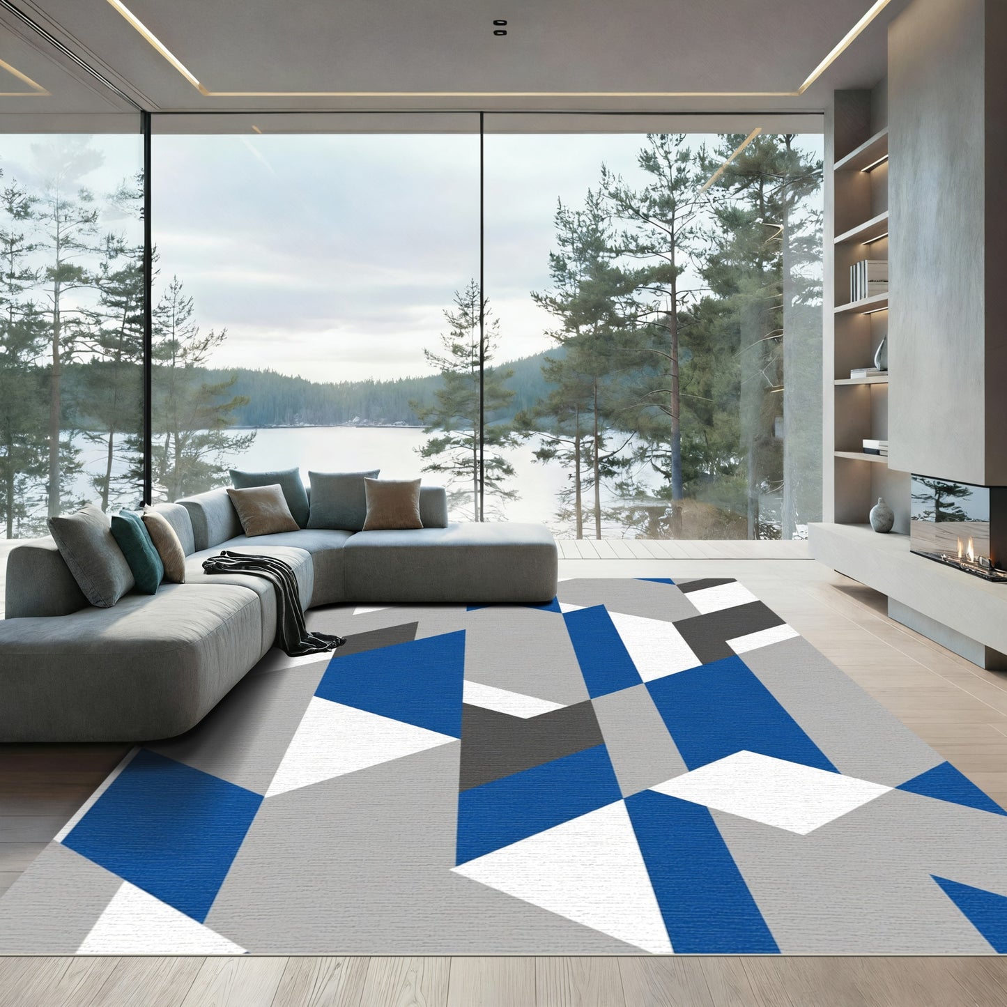 Geometric Blue Gray White Abstract Blocks Rug