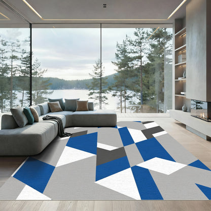 Geometric Blue Gray White Abstract Blocks Rug