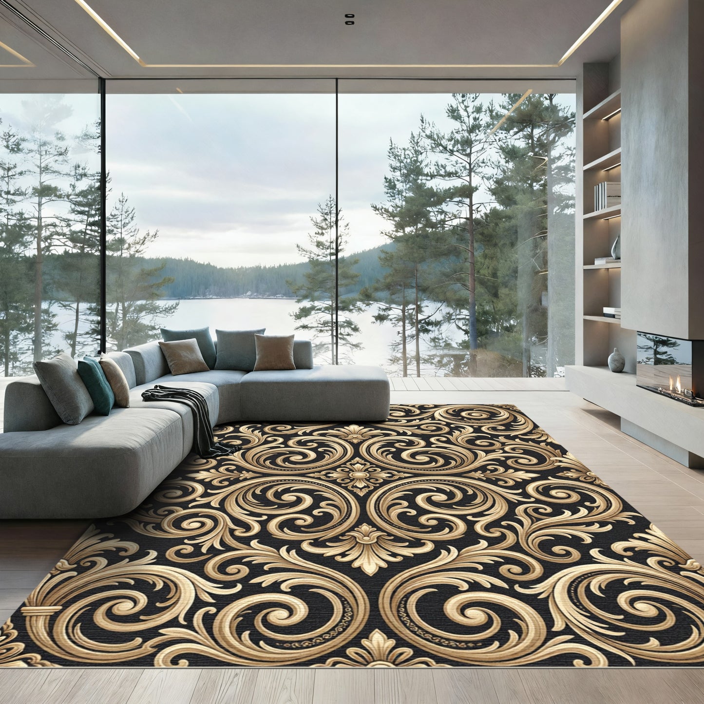 Elegant Gold Acanthus Scrollwork Rug