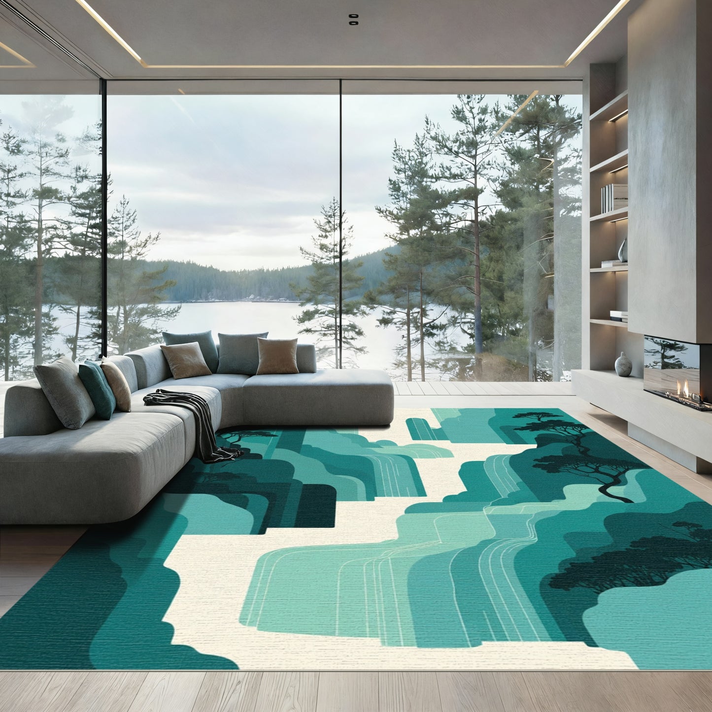 Teal Green Waterfall Mountain Landscape Rug