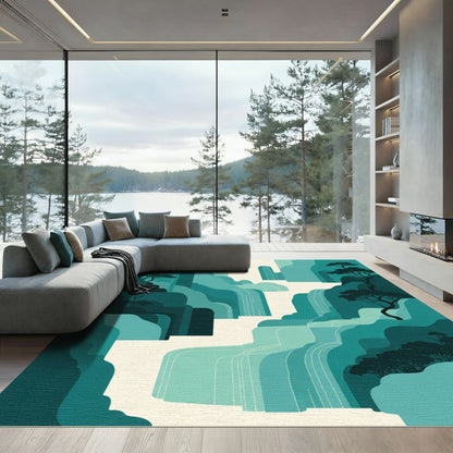 Teal Green Waterfall Mountain Landscape Rug