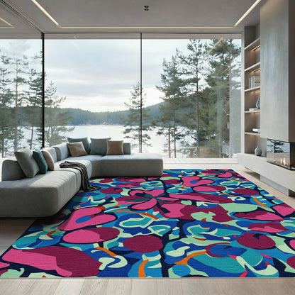 Vibrant Pink Blue Abstract Floral Bloom Rug