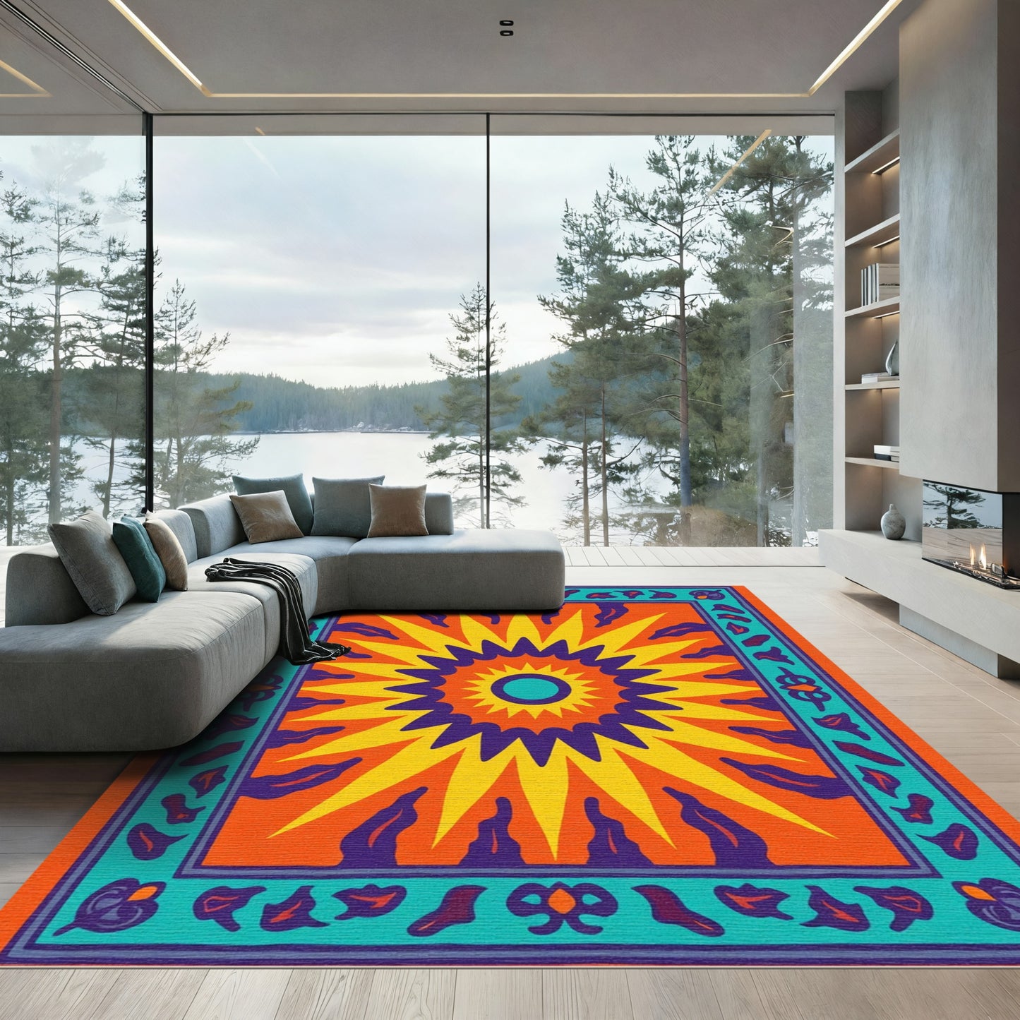 Vibrant Sun Burst Teal Border Rug