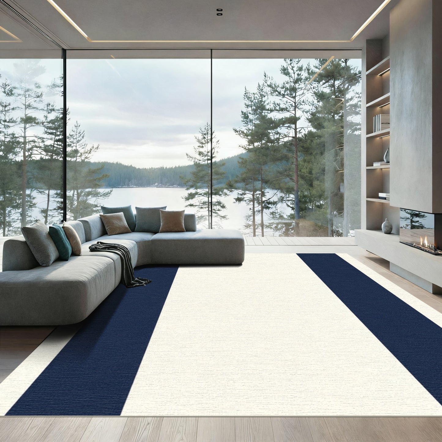 Navy Cream Wide Stripe Rug