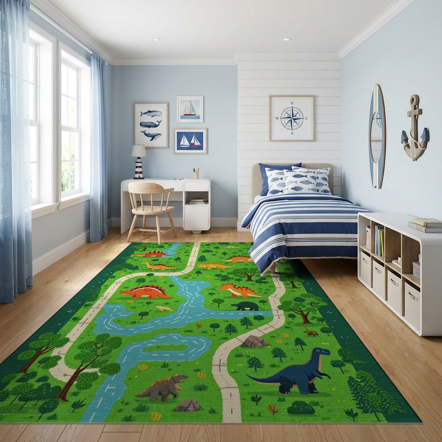 Whimsical Dino Path River Forest Rug