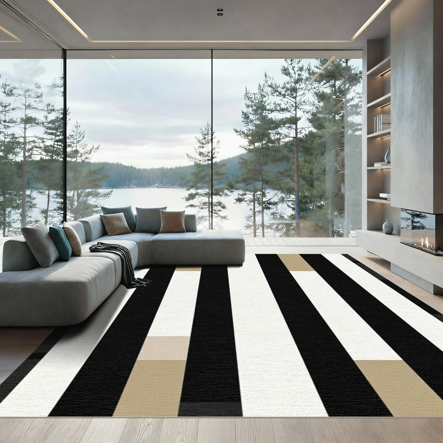 Bold Black White Beige Vertical Stripe Rug