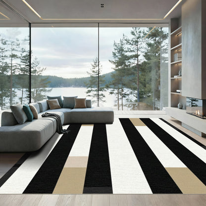 Bold Black White Beige Vertical Stripe Rug
