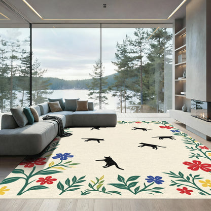 Playful Black Cats Floral Border Rug