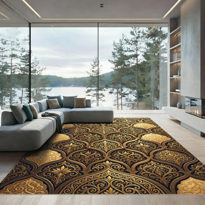 Elegant Gold Curlicue Damask Scroll Decor Rug