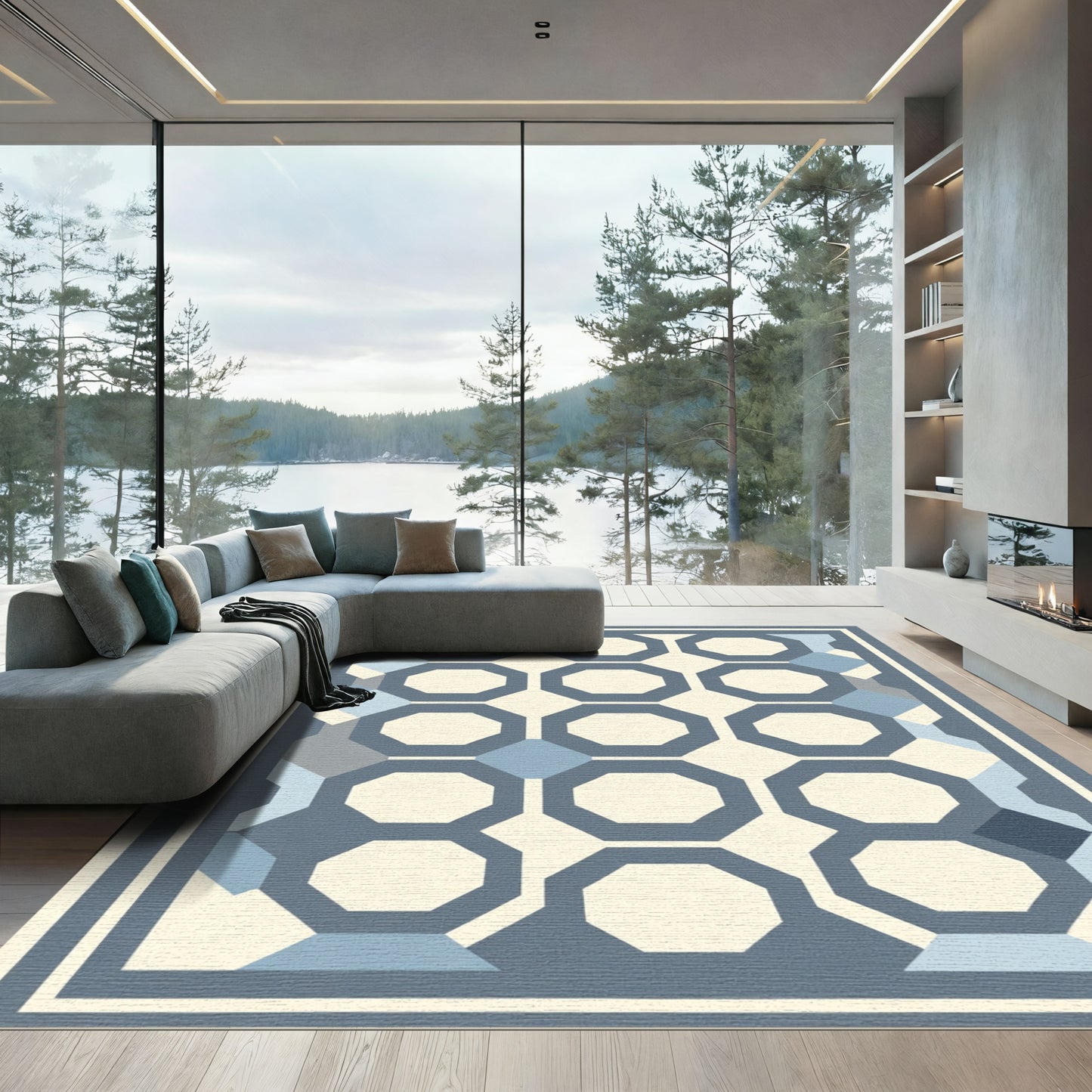 Geometric Octagon Motif Blue Cream Rug