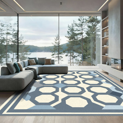 Geometric Octagon Motif Blue Cream Rug