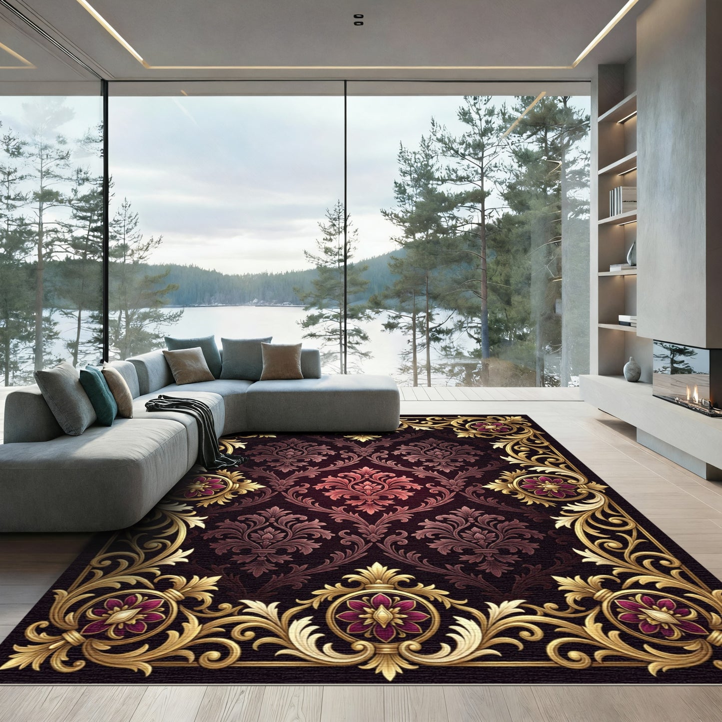 Ornate Gold Vine Flourish Crimson Rug