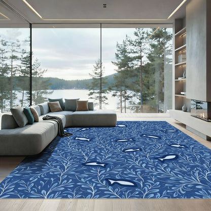 Deep Blue Aquatic Foliage Whimsical Fish Rug