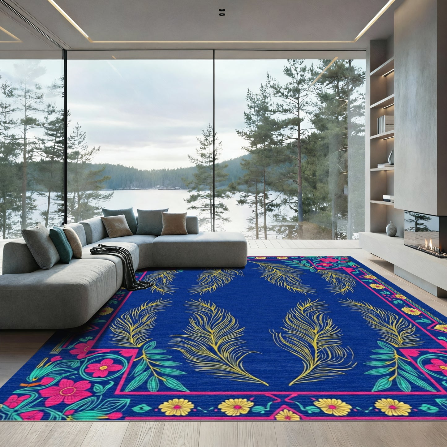 Vibrant Blue Floral Feather Border Rug