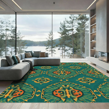 Teal Orange Golden Floral Medallion Rug