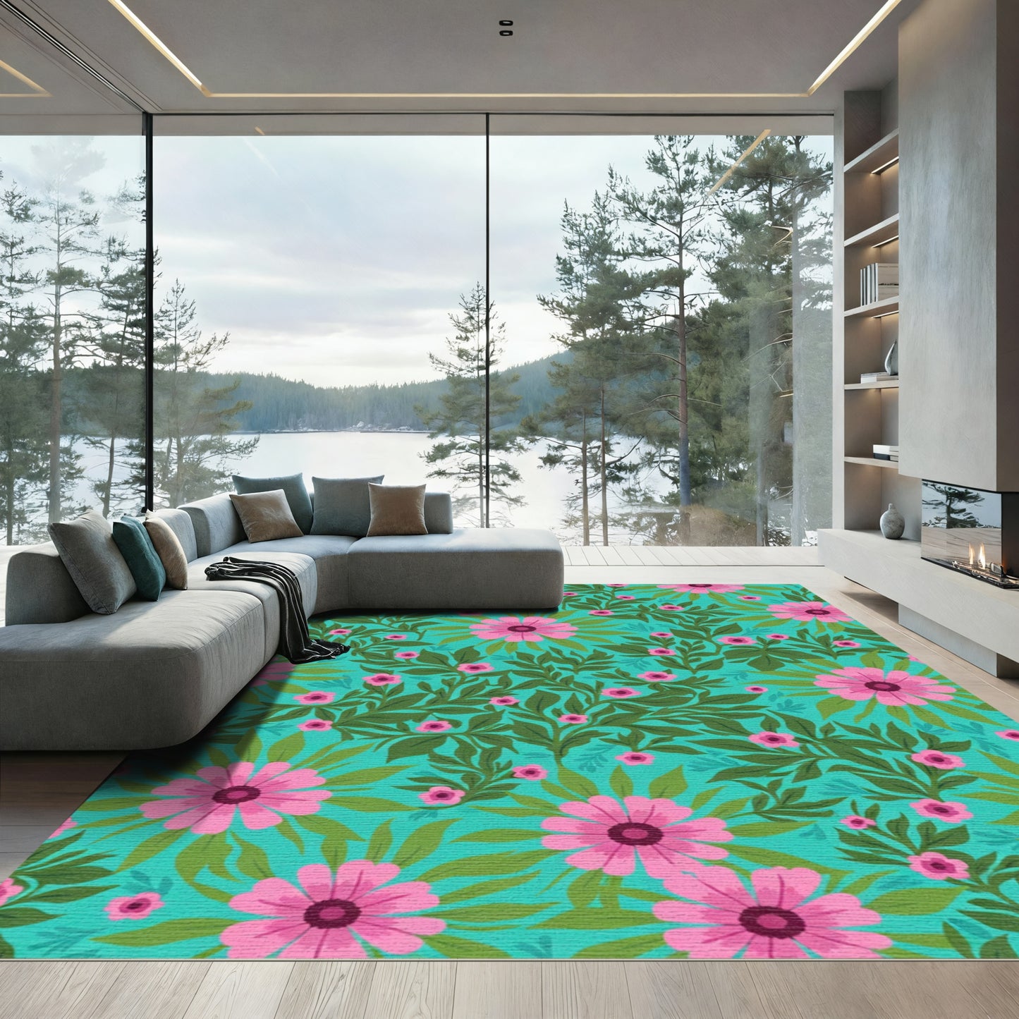 Teal Pink Floral Vine Composition Rug