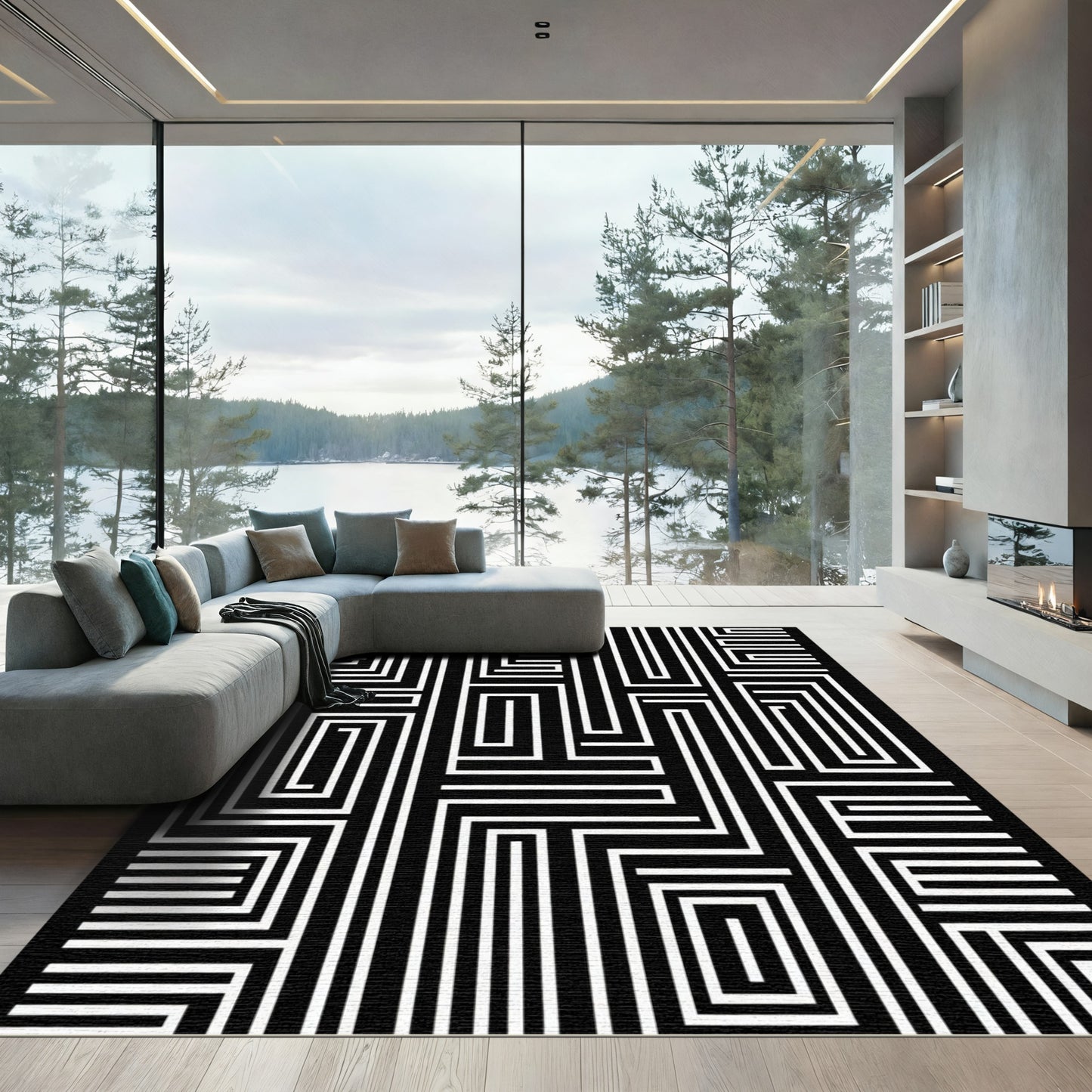 Black and White Maze Lines Rug