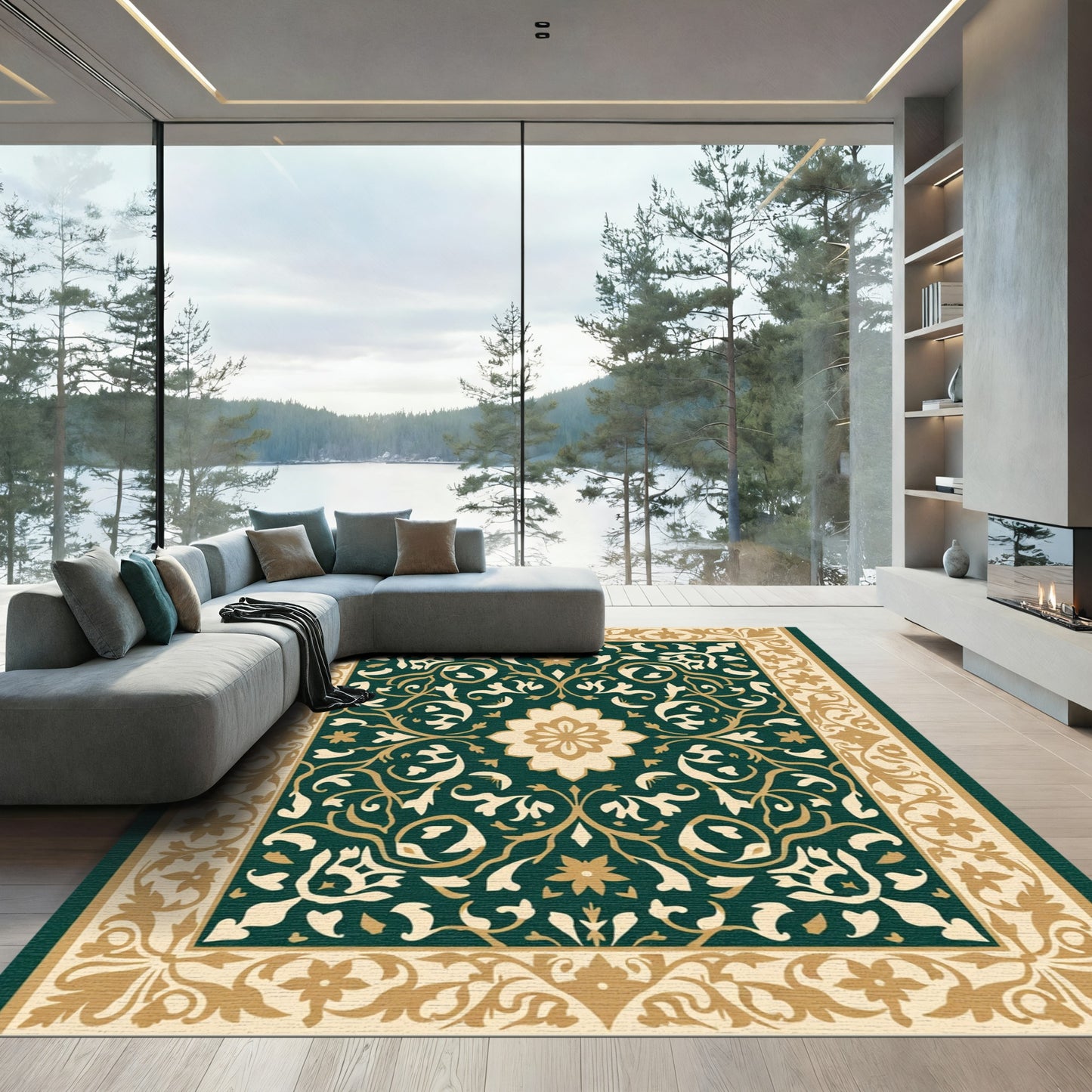 Deep Emerald Botanical Scrollwork Rug