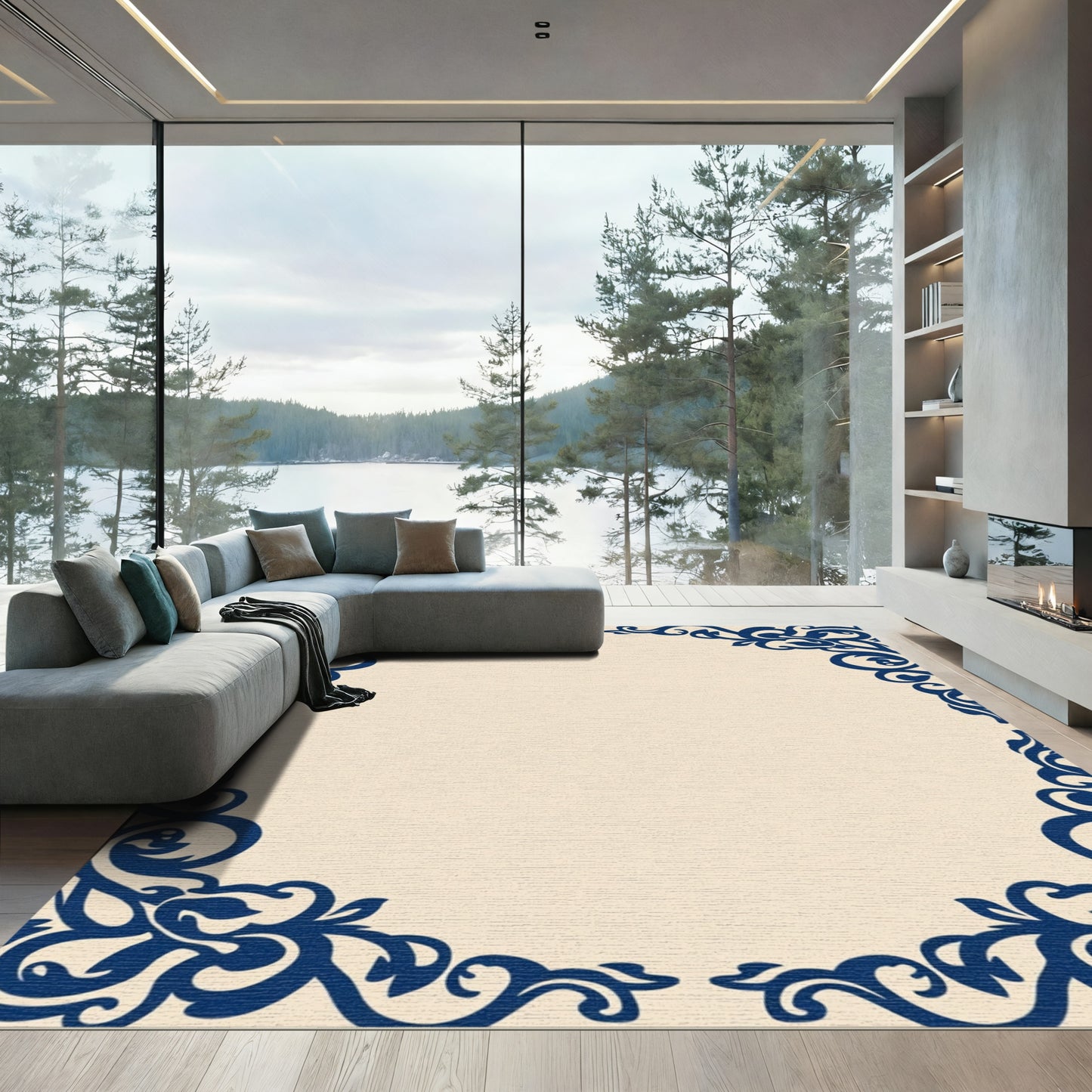 Navy Blue Ornate Scroll Border Rug