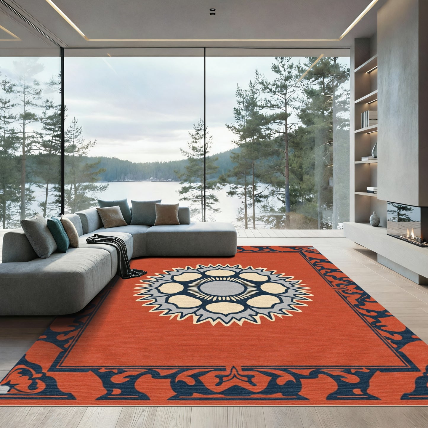 Terracotta Navy Medallion Border Rug