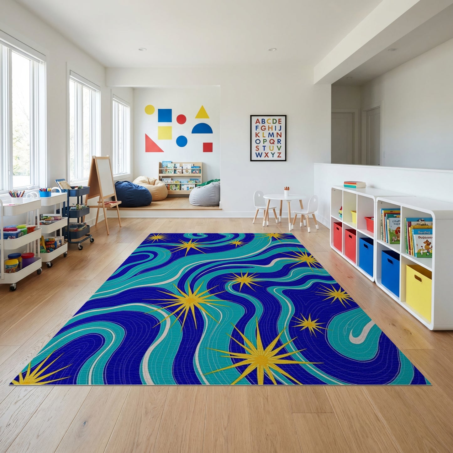 Navy Teal Wavy Yellow Stars Rug