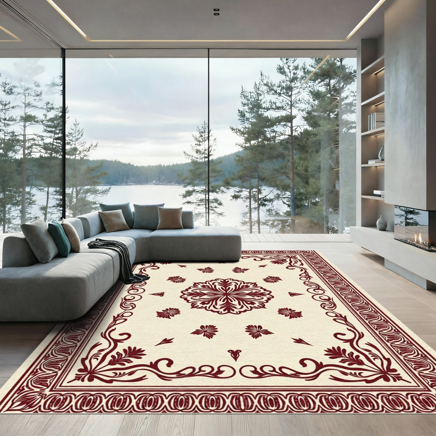 Deep Red Floral Medallion Cream Rug