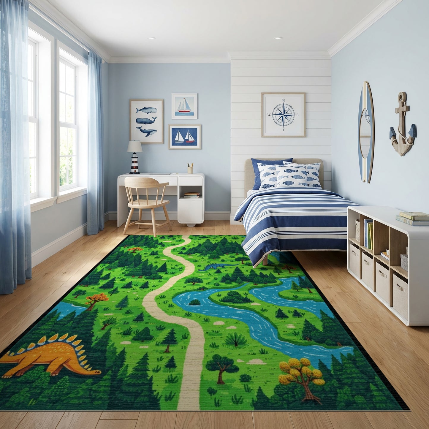 Whimsical Dinosaur Forest Path River Rug