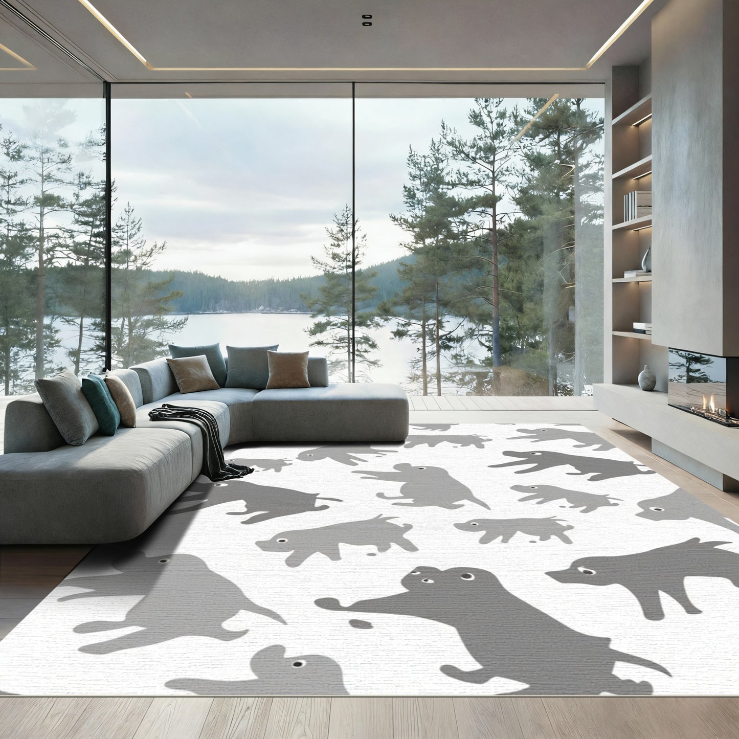 Whimsical Gray Dog Pattern Rug