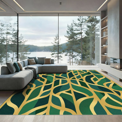 Emerald Green Gold Art Deco Leaves Rug