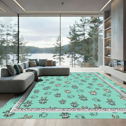 Whimsical Teal Bunny Garden Scatter Rug